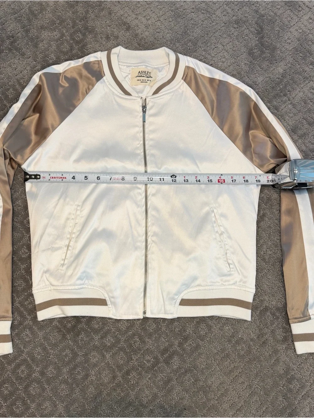 Classic Satin Bomber Jacket Beige Ivory Sz M Y2K Streetwear Festival Minimalist